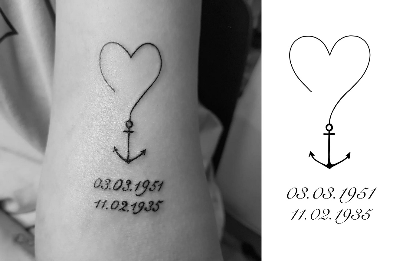 Tattoo eines simplen Ankers das in eine Herz übergeht und einem Schriftzug