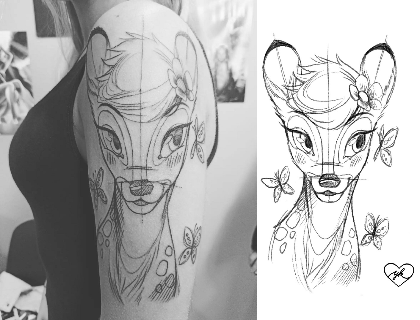 Tattoo von Dineys Bambi auf dem Oberarm in einem Bleistift Skizzenstil