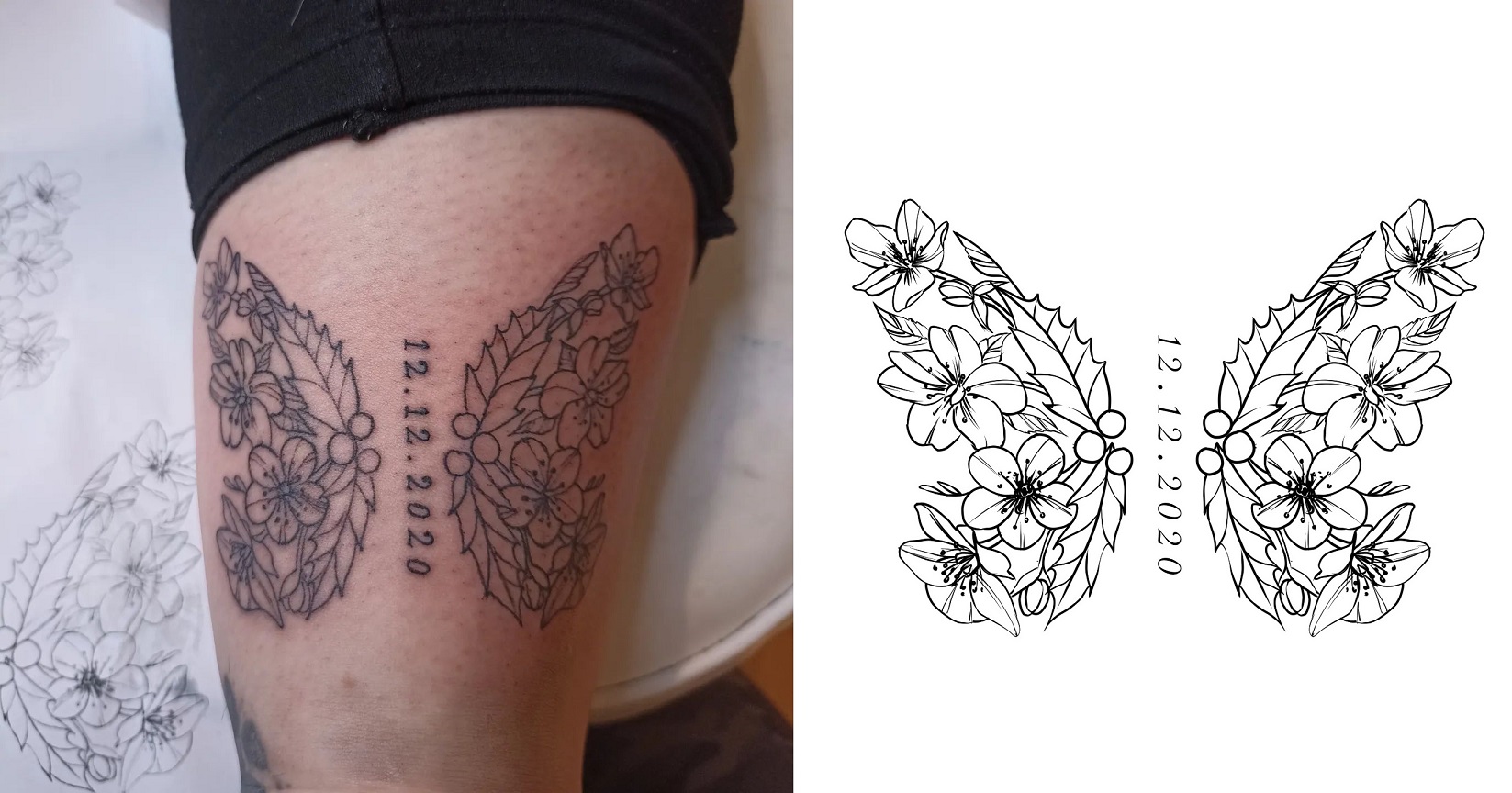 Tattoo eines Schmetterlings, dessen Flügel aus verschiedenen Blumen bestehen und der Körper aus einem wichtigen Datum