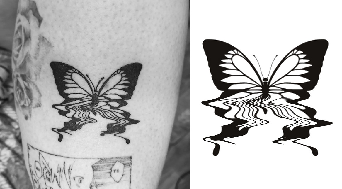 Tattoo eines Schmetterlings der nach unten verzerrt ist und aussieht als würde er schmelzen