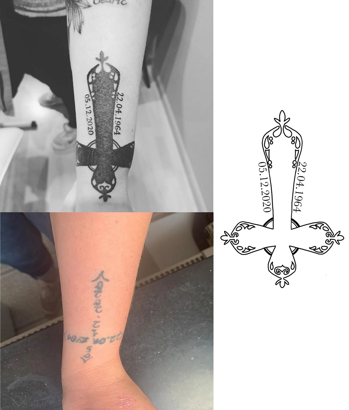 Tattoo eines Coverups in Form eines Kreuzes mit Schriftzug Geburtsdatum Todesdatum