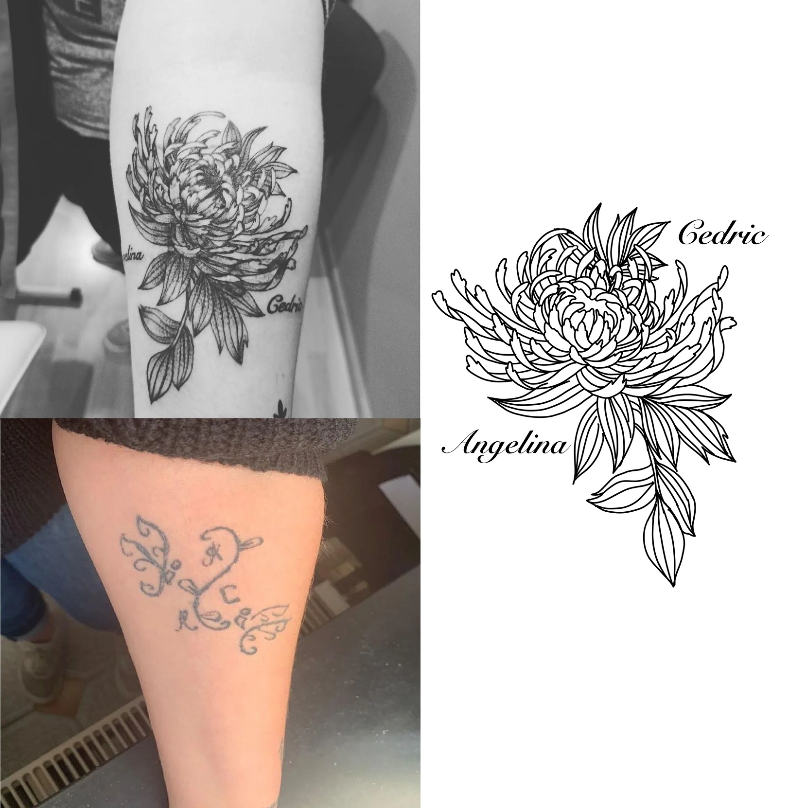 Tattoo eines Coverups in Form einer Spinnenlilie mit Namen Schriftzug