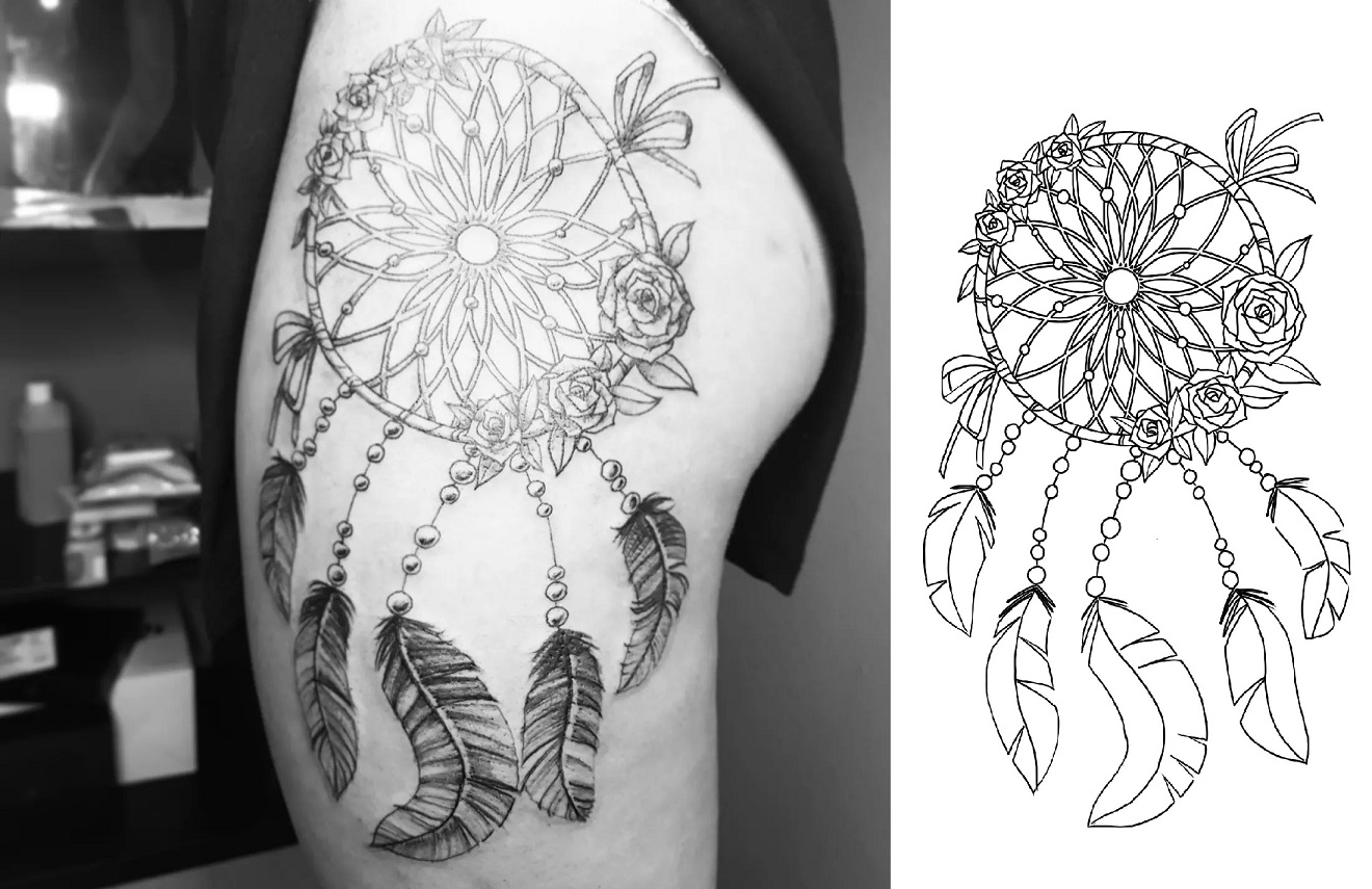 Tattoo eines Traumfängers mit Rosen auf seitlichen Oberschenkel