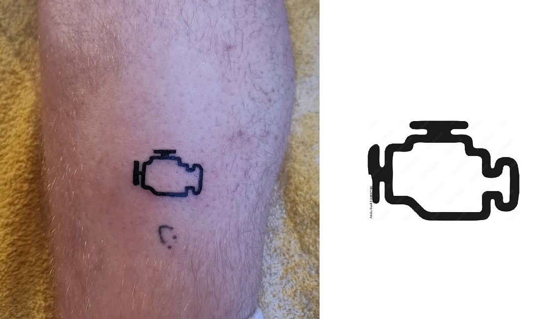 Tattoo eines Auto Motor Zeichens auf dem Schienbein