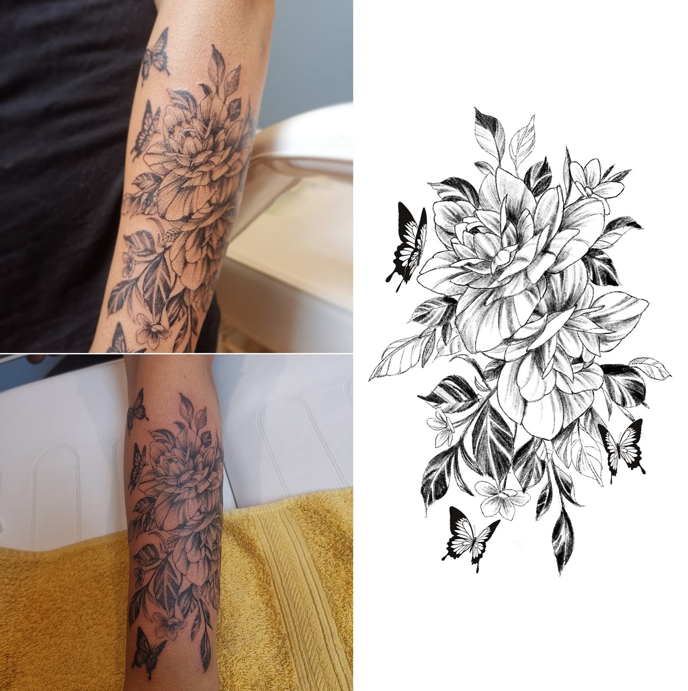 Tattoo eines Unterarm-Sleeves mit dem Motiv Blumen und Schmetterlinge