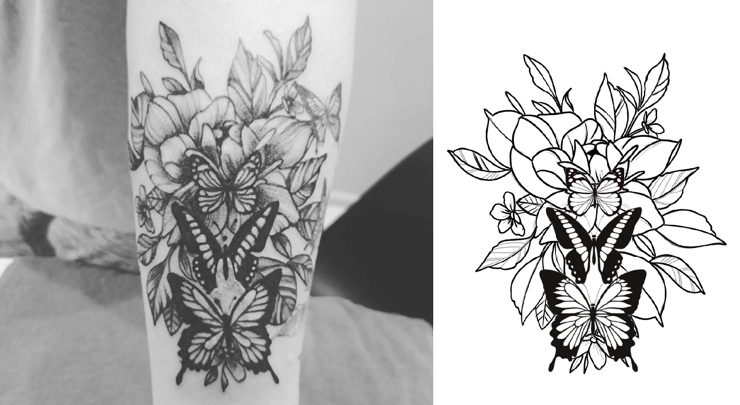 Tattoo einer Blume mit drei Schmetterlingen vor der Blume, deckt altes Tattoo ab