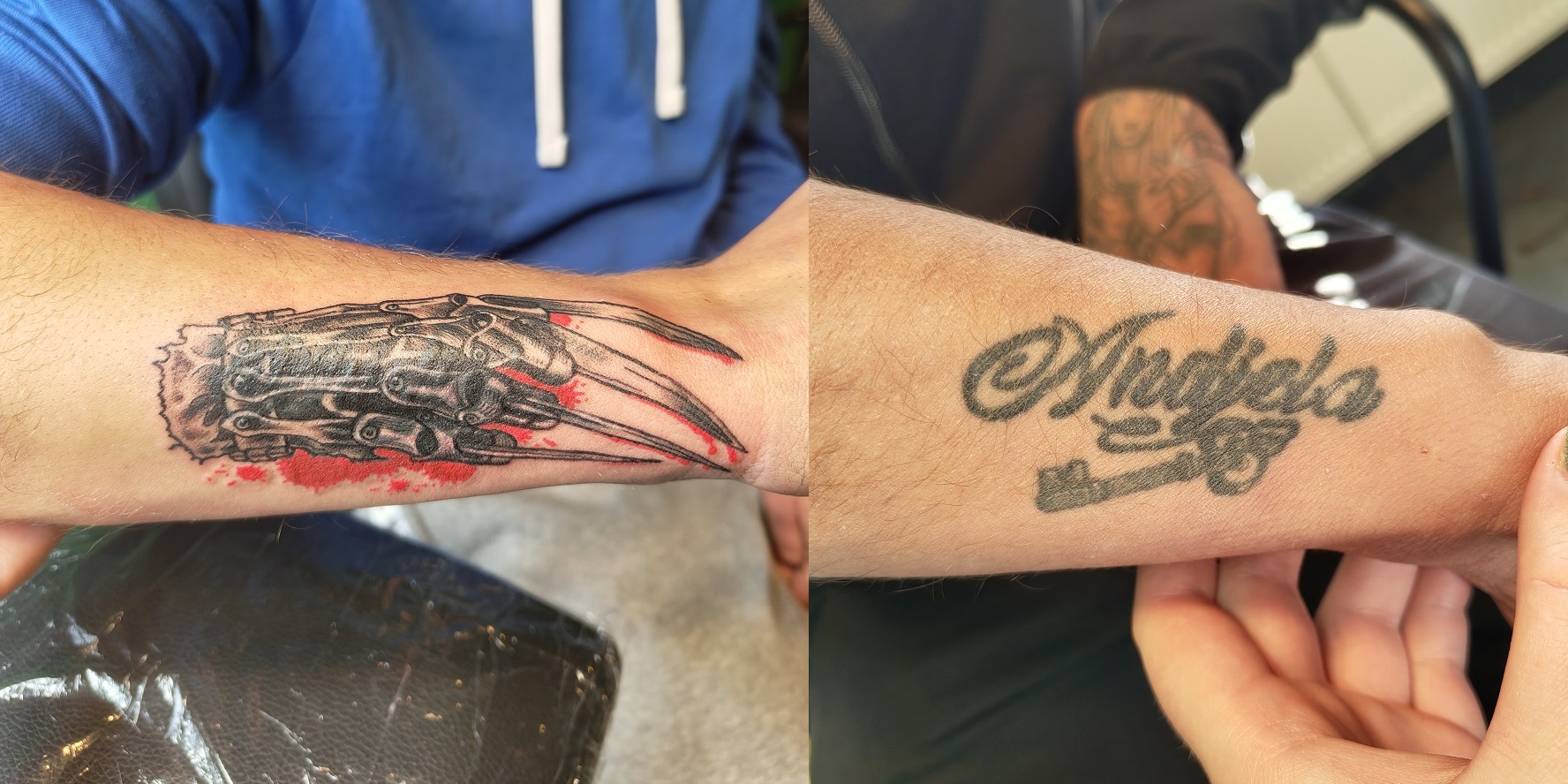Coverup eines Namens mit dem handschuh von Freddiekrueger am Unterarm