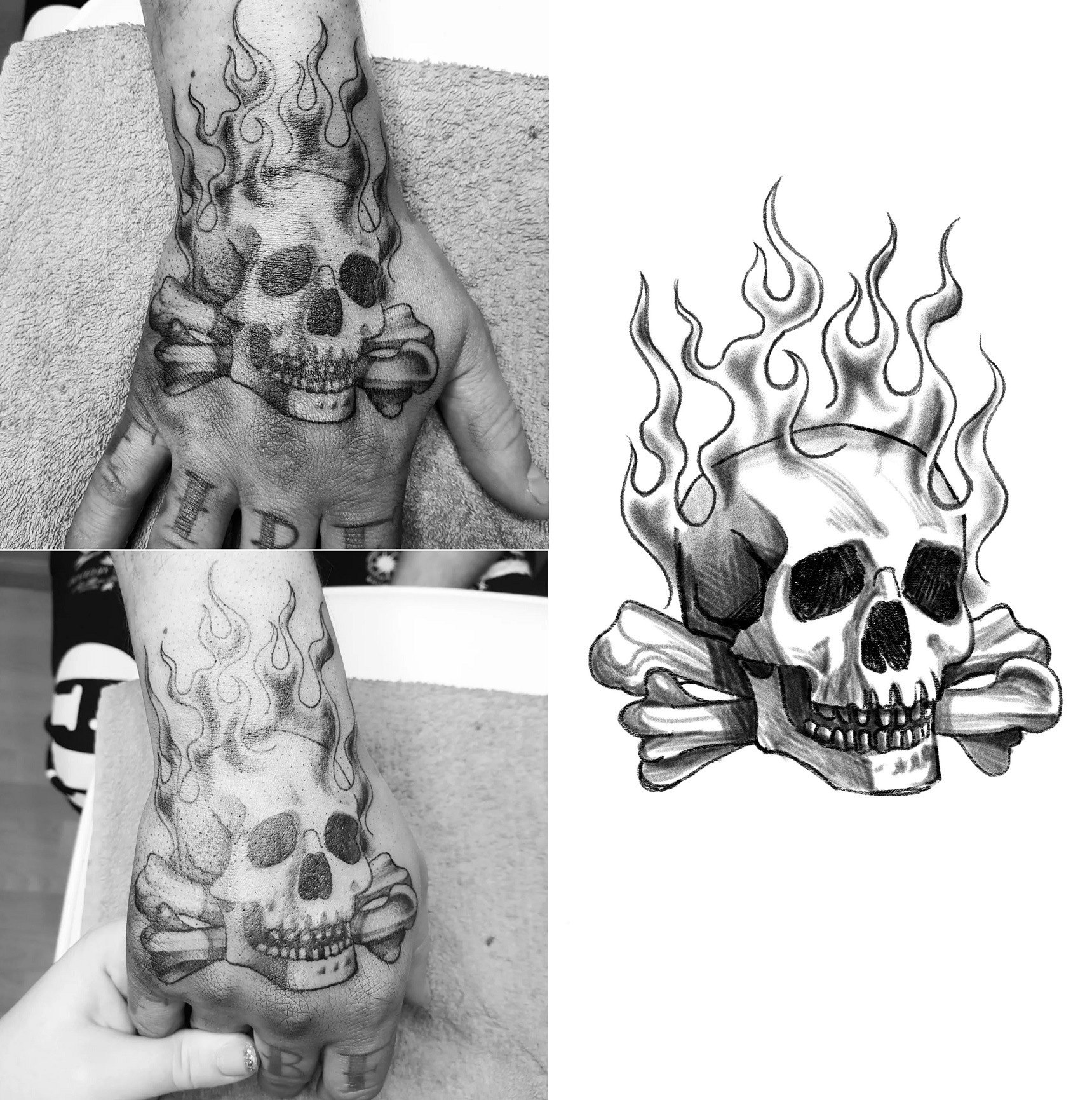 Tattoo eines brennenden Schädels auf dem Handrücken