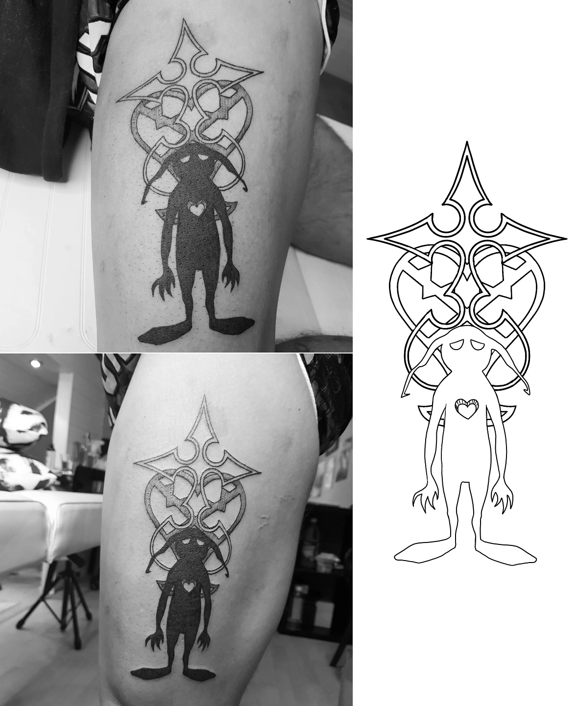 Tattoo eines Schattens Heartless aus dem Spiel Kingdom Hearts vor einem Schlüsselsymbol auf dem Oberschenkel