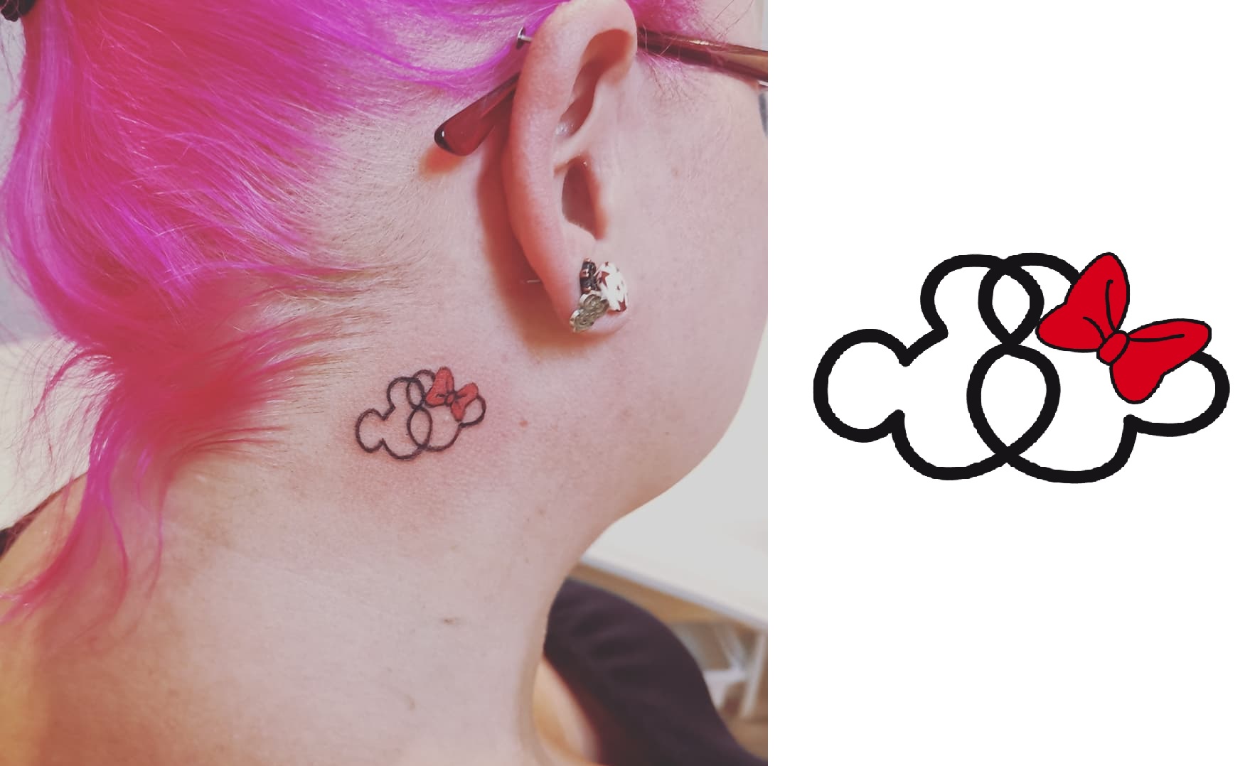 Tattoo Disneys Mickey und Minney Mouse auf dem Hals