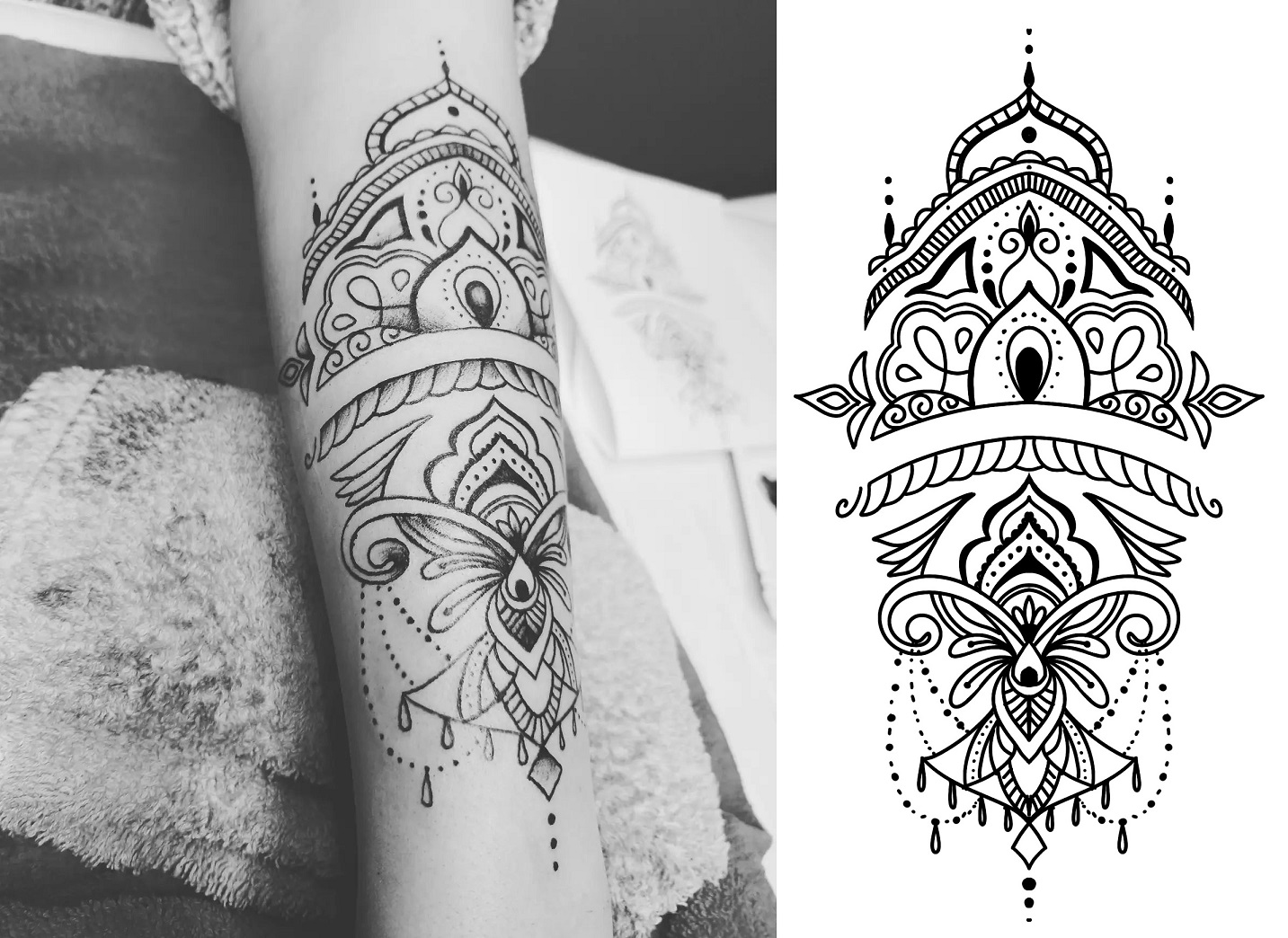 Tattoo eines Musters mit Mandalaelementen und kleinen Schattierungen