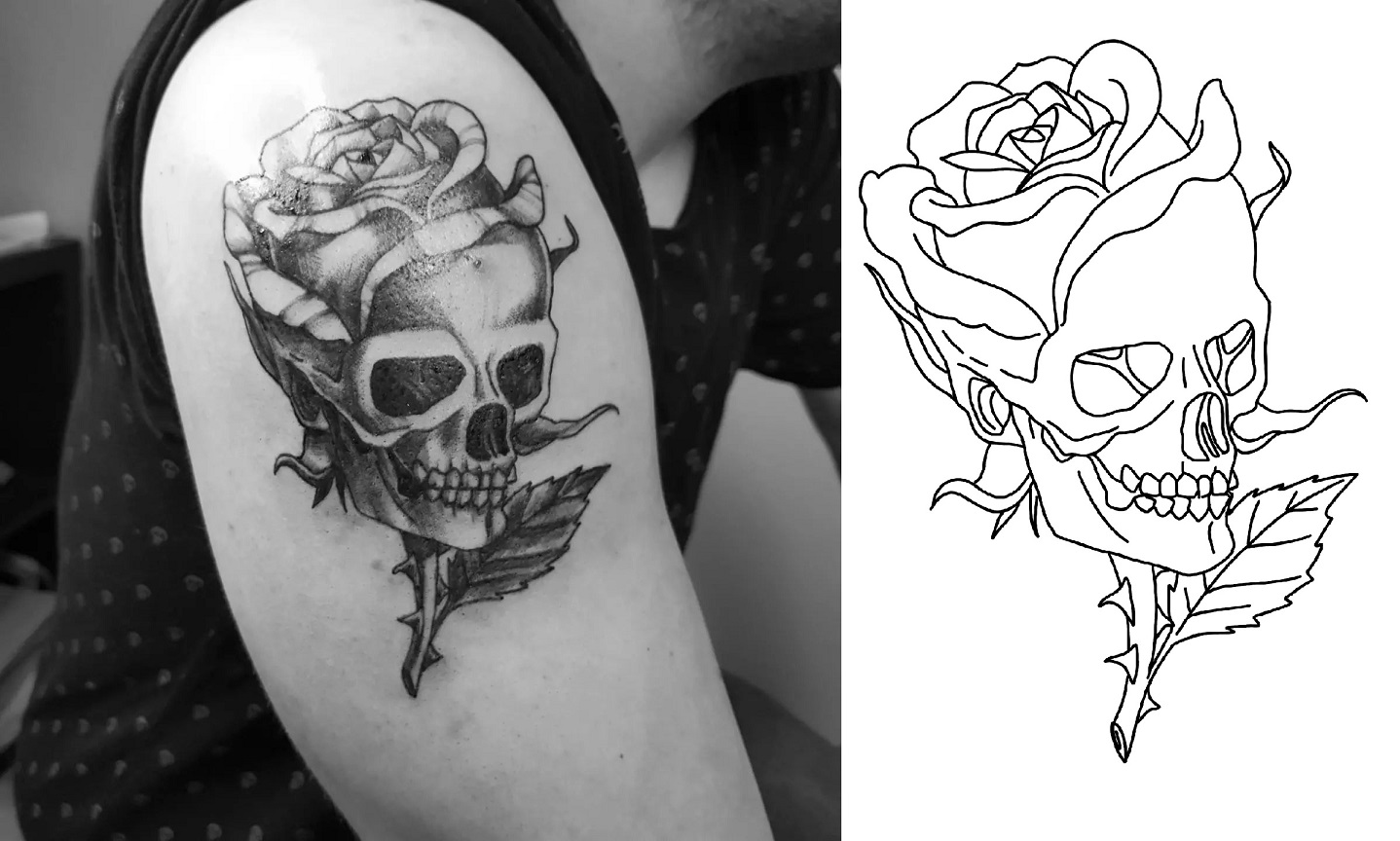 Tattoo einer Rose die zu einem Schädel Totenkopf wird