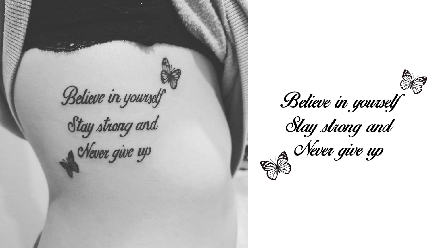 Tattoo des Schriftzugs Believe in yourself stay strong and never give up auf den Rippen, seitlich