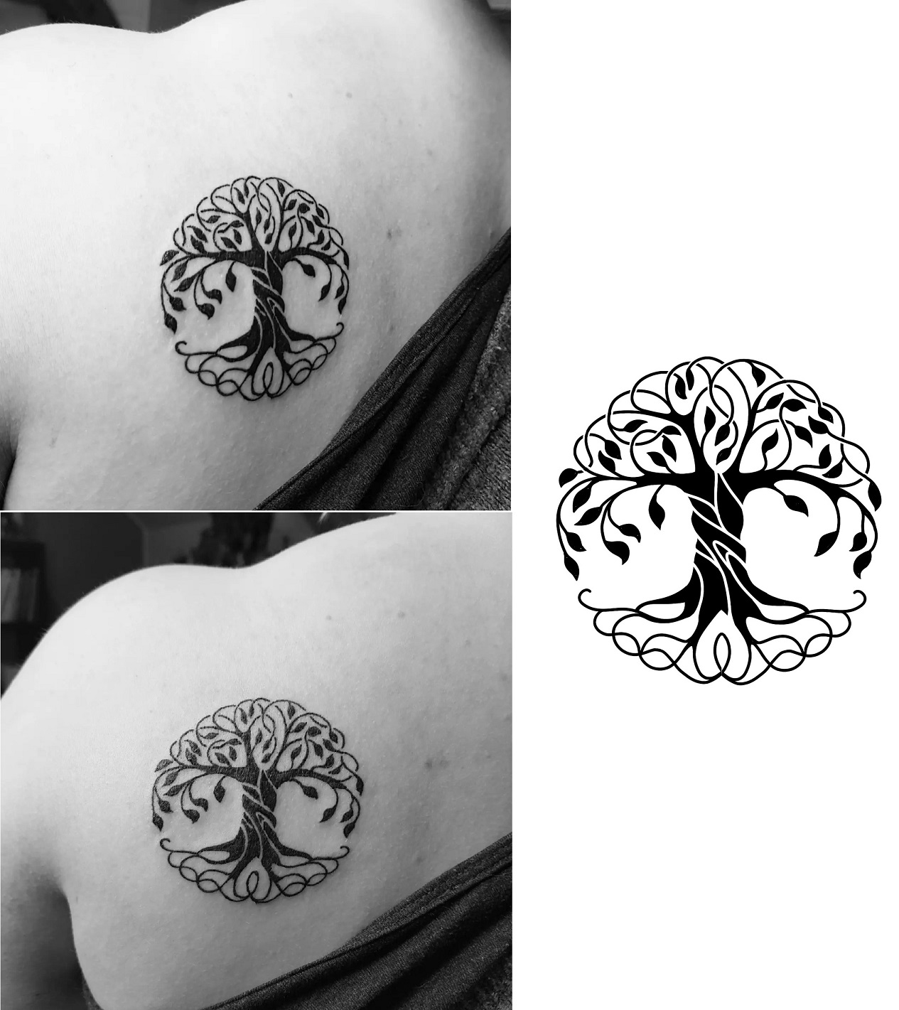 Tattoo des Baumes Yggdrasil auf dem Schulterblatt