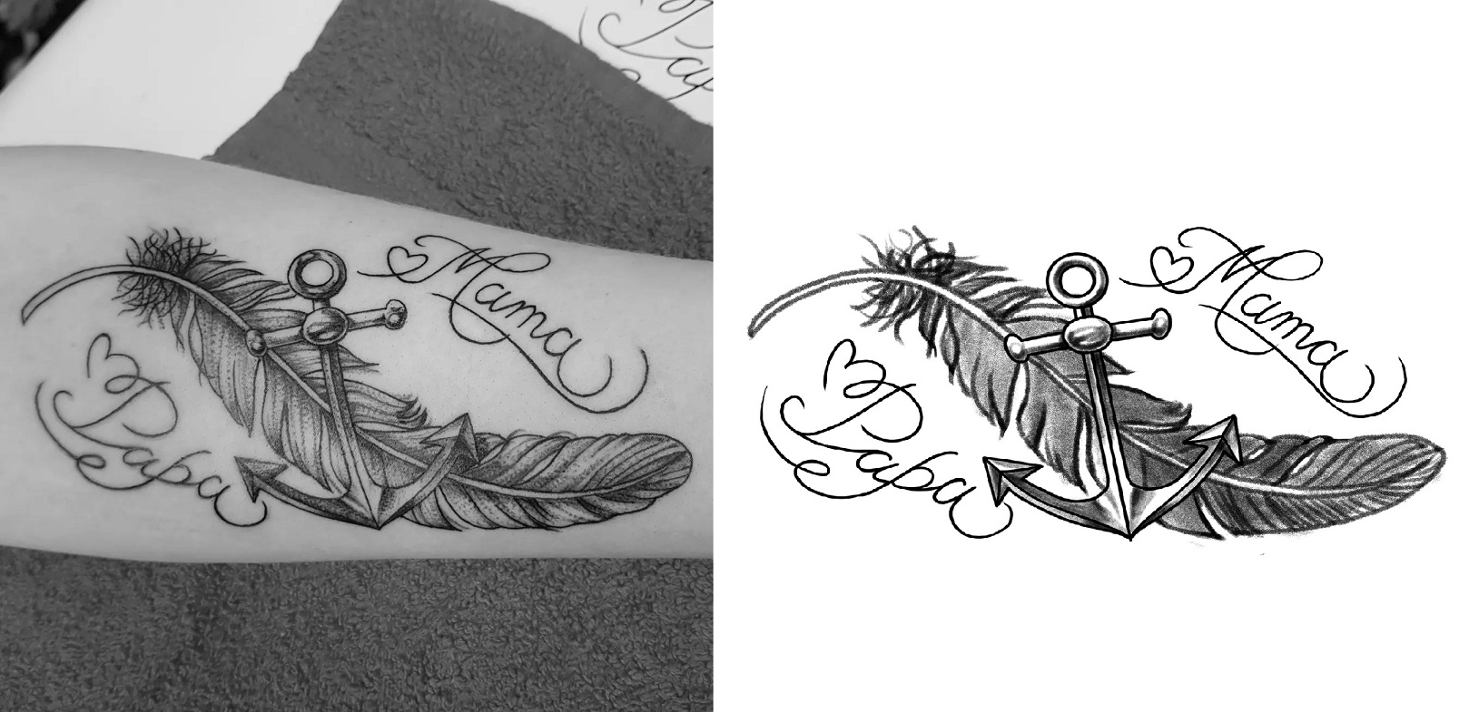 Tattoo eines Ankers vor einer Feder mit den Worten Mama und Papa drumherum, ein Gedenk-Tattoo