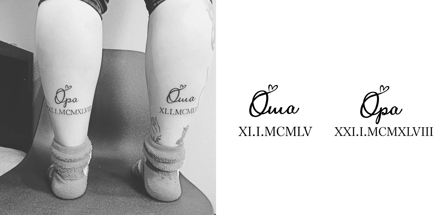 Tattoo von zwei Schriftzuügen auf beiden Beinen hinten, Oma und Opa mit dem Geburtsdatum