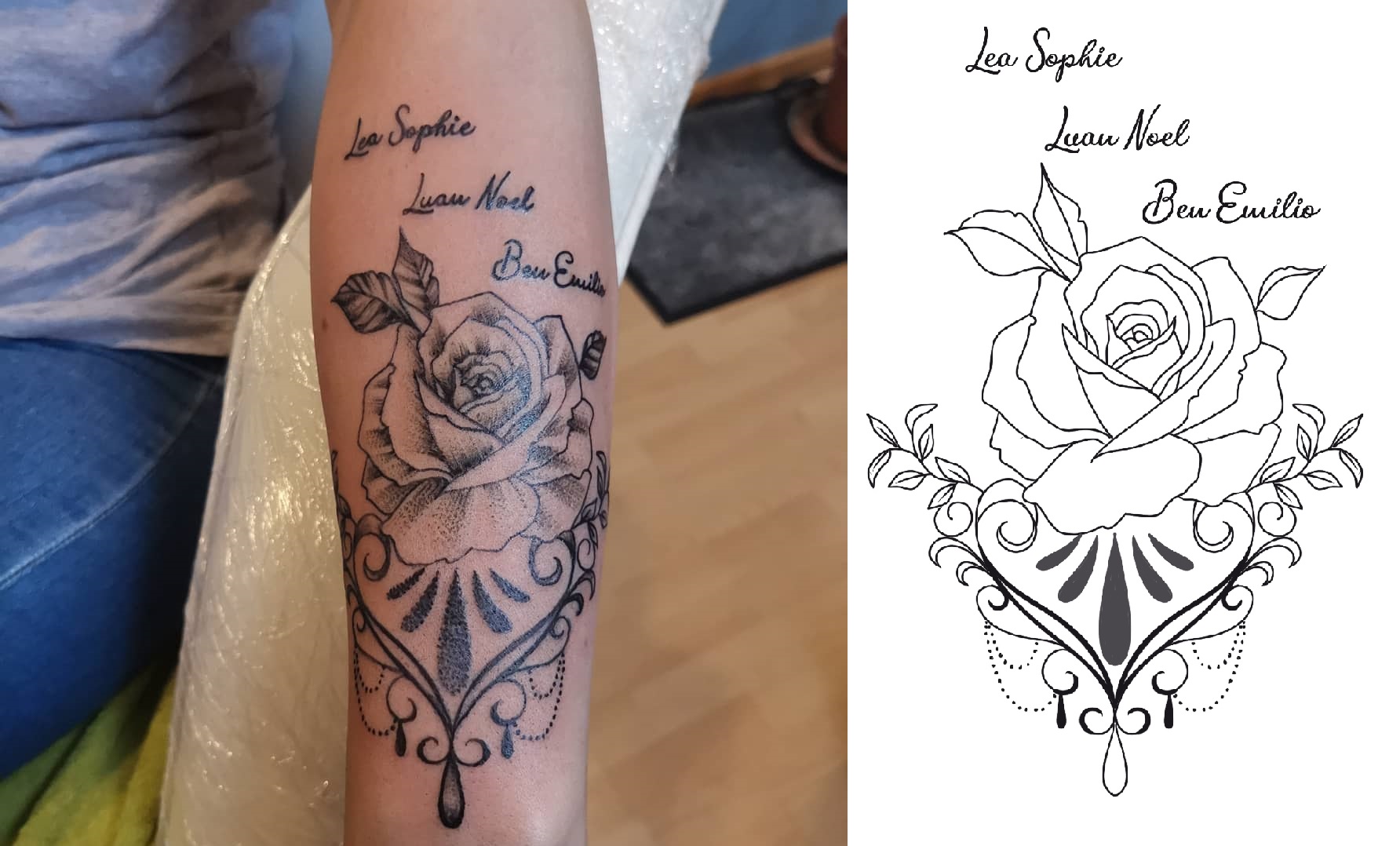 Tattoo einer Rose mit abstraktem Manadala Muster und Namens-Schriftzügen