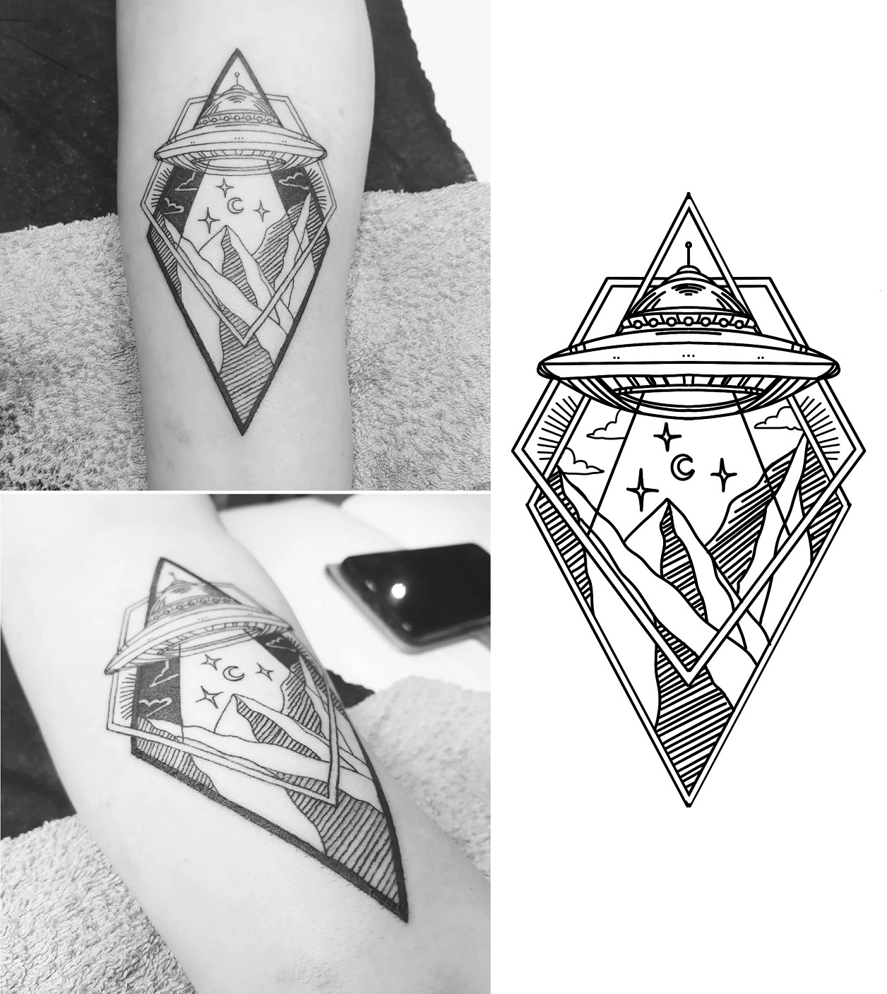 Tattoo eines geometrischen Ufos vor einer Landschaft